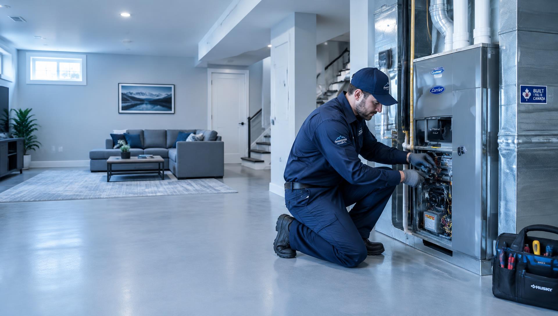 HVAC technician servicing a furnace in a modern home